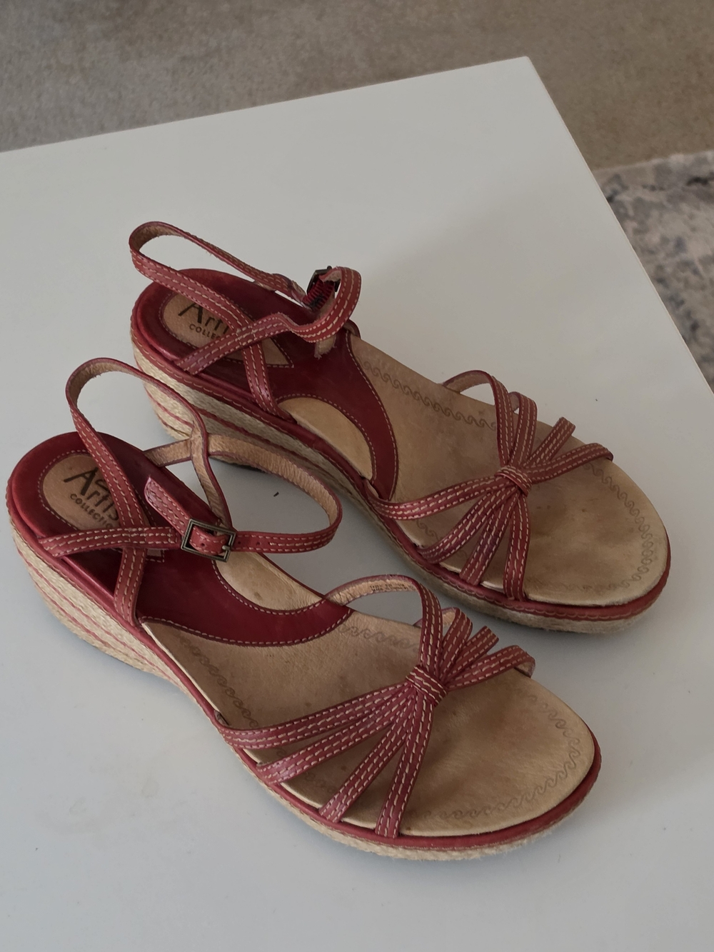 Red Wedge Leather Sandals - Women's Strappy Espadrille